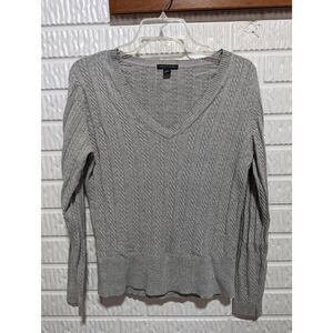 Tommy Hilfiger Women's Large Gray Cotton Classic Cable Knit V-Neck Sweater